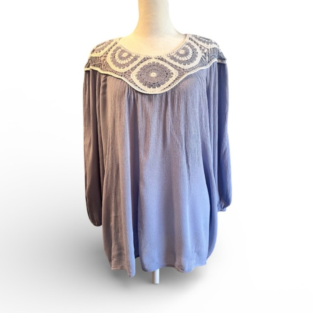 Large Cato light blue white crochet balloon sleeve tunic top grandma